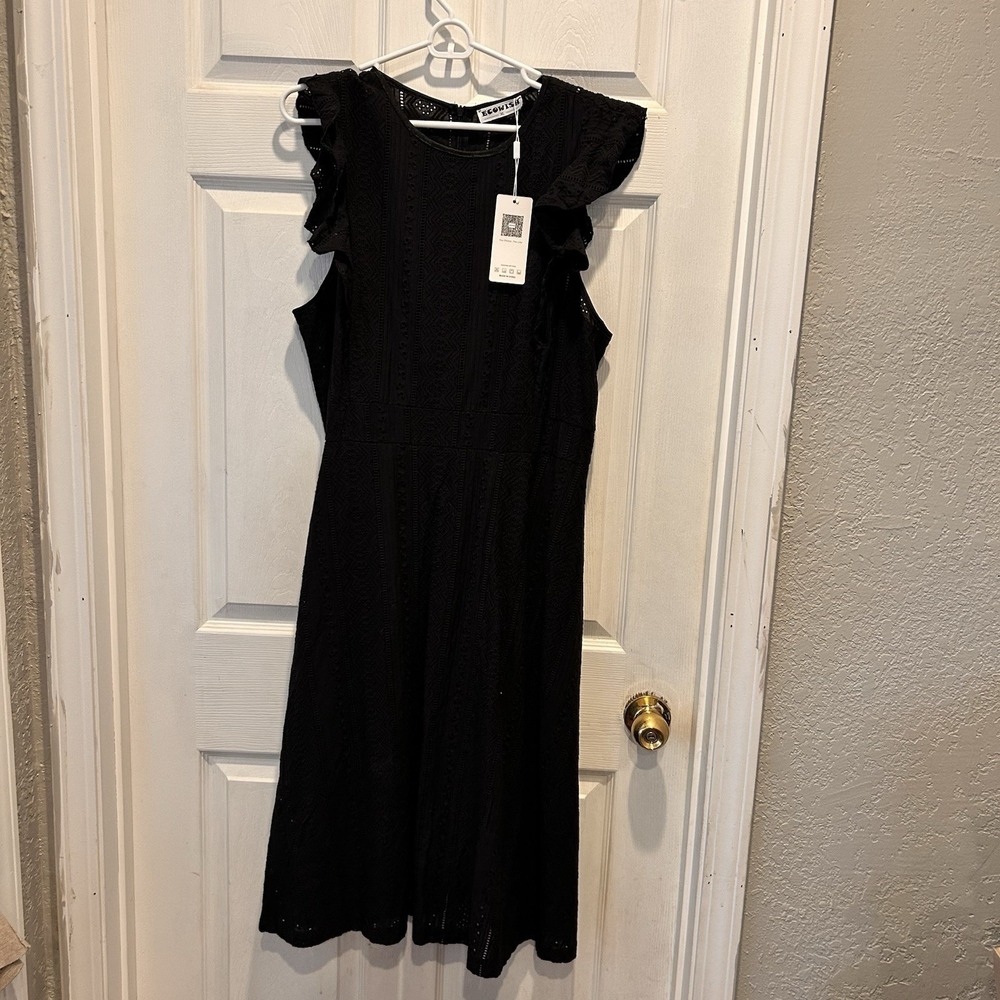 ECOWISH Black Eyelet Lace Ruffle Cap Sleeve Midi Dress XL NWT Cotton Coquette